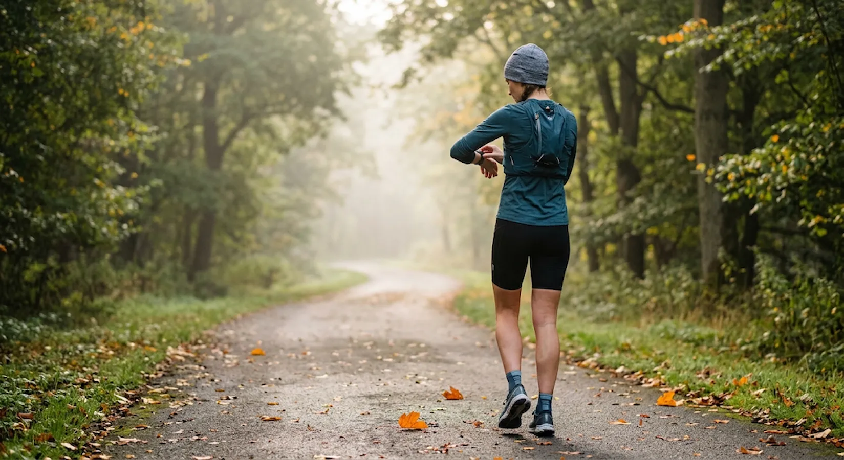 "Runner donna vista di schiena che controlla lo smartwatch camminando su un sentiero di parco nella nebbia del mattino, con foglie autunnali arancioni a terra