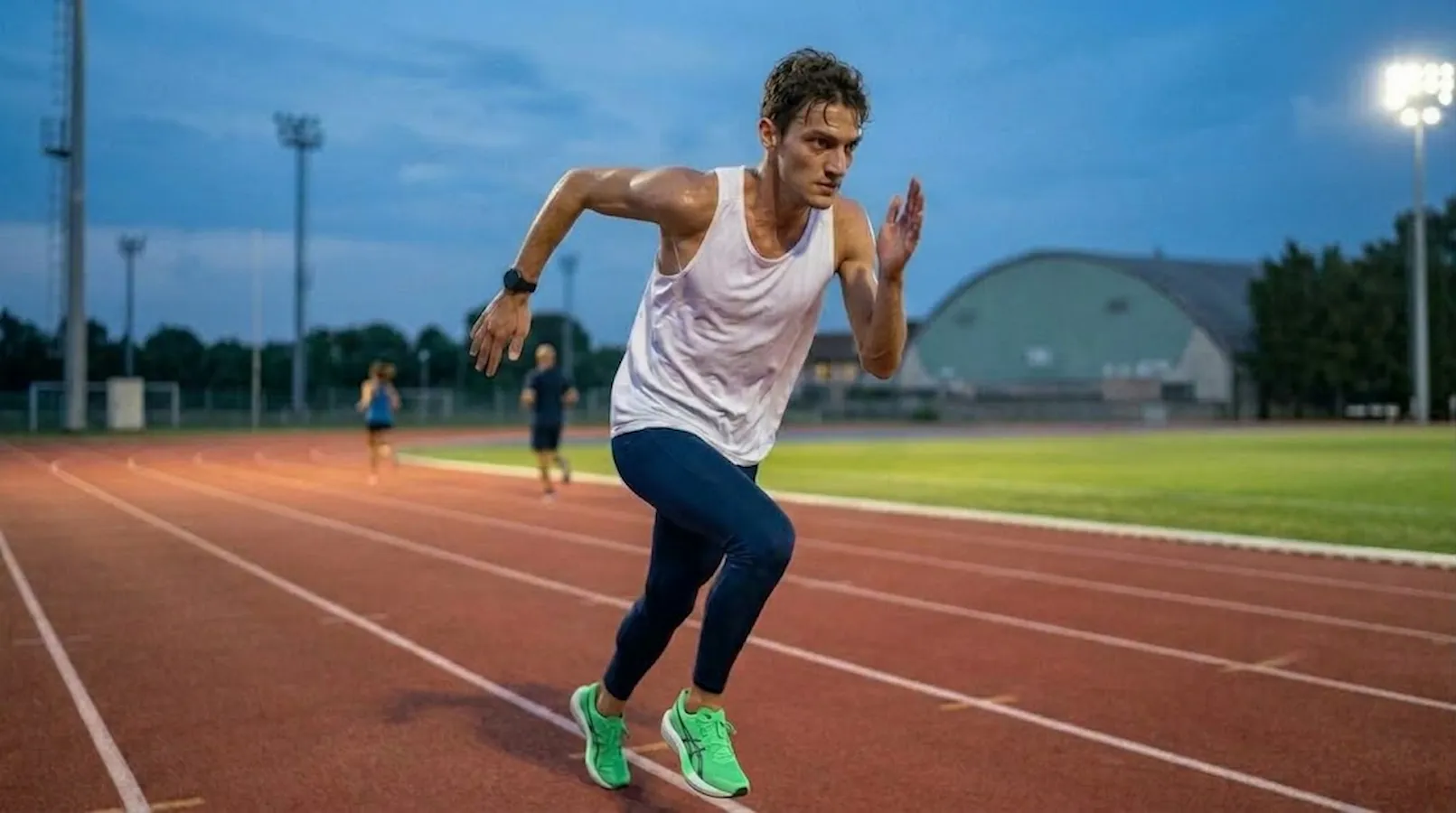Runner amatoriale in allenamento progressivo su pista di atletica con scarpe verdi e smartwatch