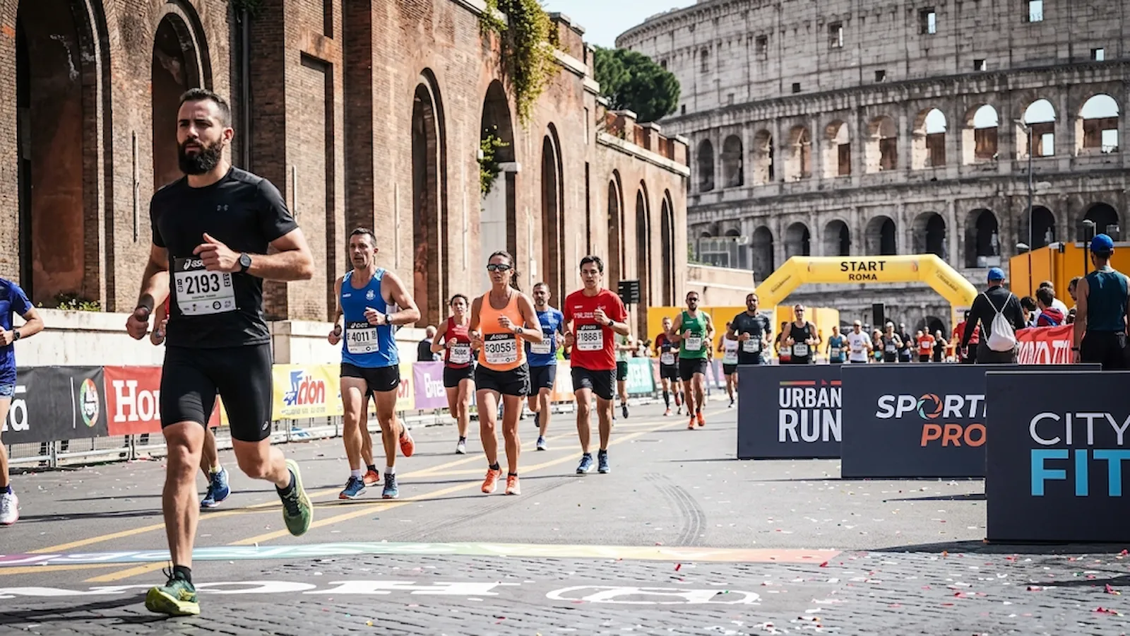 Maratoneti impegnati nella Maratona di Roma, ripresi frontalmente durante la corsa con il Colosseo sullo sfondo.