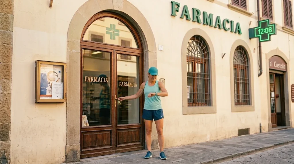 Immagine di apertura dell'articolo Runritual dedicato alla corsa durante la pausa pranzo. Una donna in tenuta sportiva controlla l'orologio all'ingresso di una farmacia. L'immagine accompagna il racconto dell'organizzazione quotidiana di Gabriella, farmacista in Calabria, e presenta il tema dell'allenamento compatibile con gli impegni professionali e familiari.
